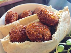 Falafel in Pitta with hummus and diced salad at Goodsouls Kitchen in Chiang Mai