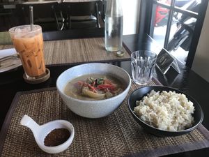 Massaman curry with Thai iced tea with coco milk at Goodsouls Kitchen in Chiang Mai
