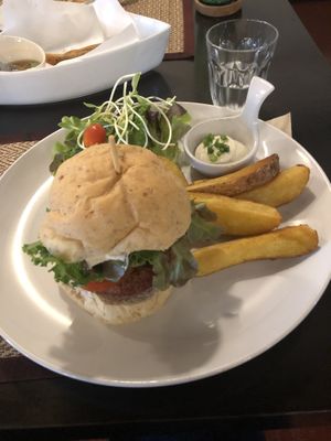 Beetroot burger and fries.  at Goodsouls Kitchen in Chiang Mai