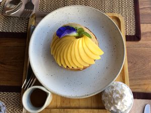 The best pancakes I’ve ever been honoured to taste. A stack of 3 soft, light, fluffy things.  at Goodsouls Kitchen in Chiang Mai