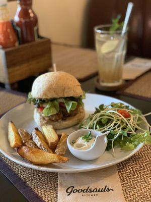 Quinoa burger with homemade curry fries   at Goodsouls Kitchen in Chiang Mai