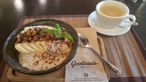 Muesli bowl and golden milk. 😊💚🌎 at Goodsouls Kitchen in Chiang Mai