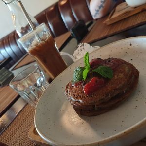 Black Sesame Pancakes & Iced Caramel Machiato (Soy) 🌿♥️ at Goodsouls Kitchen in Chiang Mai