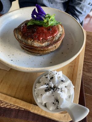 Black sesame pancakes with strawberry jam & cocnut whip cream at Goodsouls Kitchen in Chiang Mai