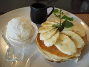 Coconut ice-cream with whole-wheat banana pancakes 130 baht at Goodsouls Kitchen in Chiang Mai