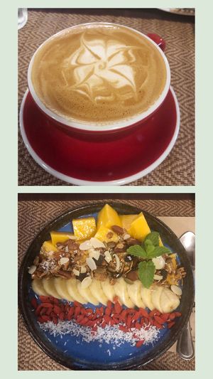 Coconut latte and blue lagoon bowl at Goodsouls Kitchen in Chiang Mai