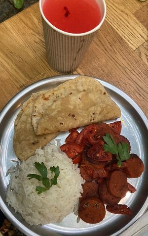 Sucuk tava and rosewater lemonade at Govinda Cafe - Mecidiyekoy in Istanbul