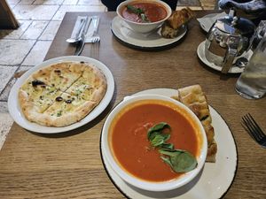 Tomato soup with focaccia and an extra garlic focaccia on the side at Basilico in Oranmore