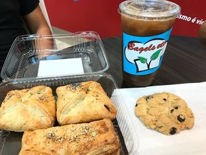 Vegan mexican chipotle bread, vegan sweet potato bread,  vegan cookie and ice coffee at Bagels Etc in Seattle