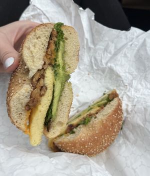 fakin egg & cheese bagel. added avo & kale (kale was no charge!)  at Grounded for Life Cafe in Clinton