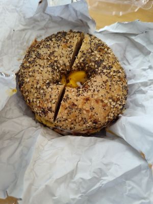 FAKIN' EGG & CHEZ
$10.99
(Toasted everything bagel, two vegan eggs, vegan cheddar cheese, fakin bacon, ketchup) at Grounded for Life Cafe in Clinton