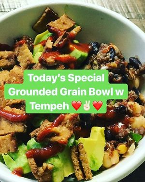 Rotating Bowl Specials! Featured Here Our Grounded Grains Salad with Grilled Tempeh, Cubed Avocado and a touch of Sriracha! at Grounded for Life Cafe in Clinton