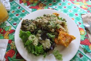 Menu of the day. Salad, pasta with broccoli and asparagus, some pie, and a delicious spinach croquet. at El Arbol de la Vida - Maybe closed in Medellin