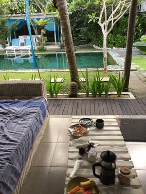 Great food, vegan and vegetarian options. Very helpful staff and no request is too hard. Balinese breakfast on our terrace.  at Aquaria Eco Resort in Manggis