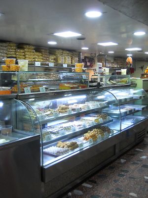 sweets and cash counter (on the right, pay here first) at Gautam Sweets - Tip Top in Kathmandu