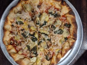 Vegan pizza with pretzel crust at Pretzel and Pizza Creations in Hagerstown