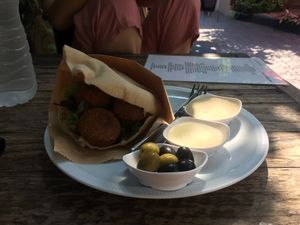 Falafel Pita 99 baht. Two sauces, two types of pickles. Good amount of falafel. at The Falafelist in Chiang Mai