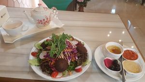Falafel salad with rose tea. at The Falafelist in Chiang Mai