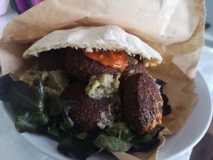 Falafel sandwich with babaganoush and harissa sauce 🌶️ at The Falafelist in Chiang Mai