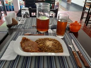 Segundo. Tortilla española vegana, lentejas y topping de fariña at Savia Madre in Tarapoto