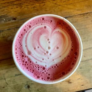 Beetroot latte with Oatly milk. 💕 at W6 Garden Centre Cafe in West London