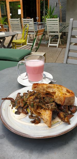 Beetroot latte ans tamari mushrooms at W6 Garden Centre Cafe in West London