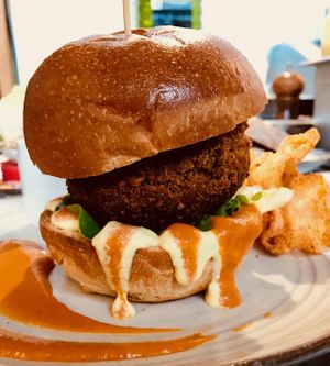 Homemade Vegan chorizo burger at W6 Garden Centre Cafe in West London