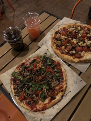 Two build-your-own pizzas with vegan cheese & chorizo loaded with veggies  at Blaze Pizza in Knoxville