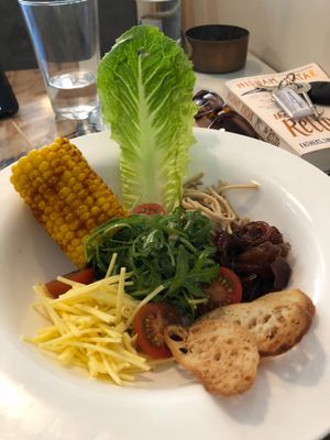 Cobb Salad - Chick'n, Cheese, Baby Gem, Rocket Leaves Tomatoes, Cajun Corn on the Cobb at Eat Street in Belfast