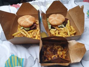 Just eat order - chicken and bacon burgers with mac and cheese at Eat Street in Belfast