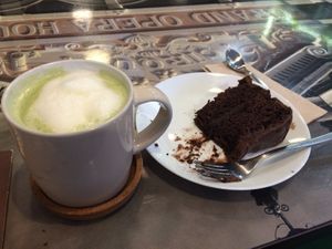 Matcha green latte and chocolate cake  at Eat Street in Belfast