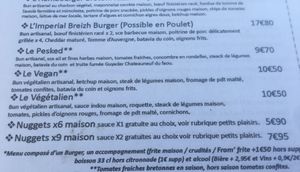 Description of  “vegan” and “végétalien” burgers- 2 vegan options. “Le pesked” is vegetarian. Option to make any burger vegetarian by substituting a beyond meat for 2 at O'Local Restaurant in Brest