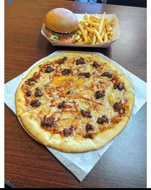 Impossible pizza and burger combo  at Veganos Kitchen in Las Vegas