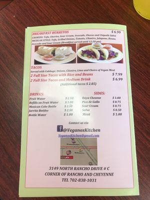 Menu at Veganos Kitchen in Las Vegas