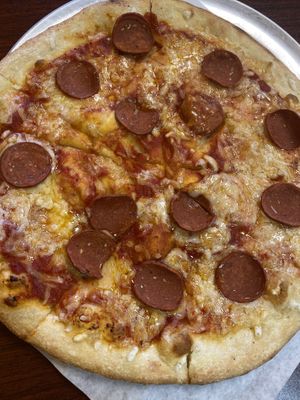 Pizza soy pepperonis  at Veganos Kitchen in Las Vegas