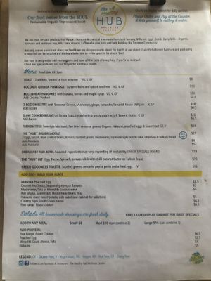 Menu as at Jan 2020 at The Healthy Hub in Ballarat
