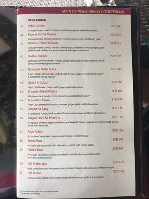 Menu2 at The Maharajas in Mahe