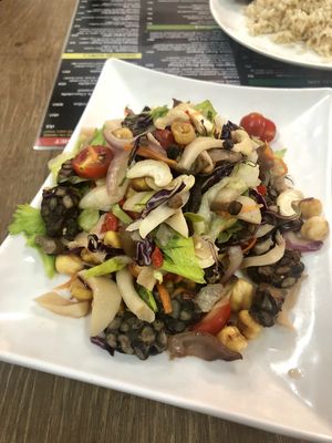 Mushrooms, Black-bean Tempeh, Chickpeas and seeds  at Alchemy Vegan in Chiang Mai