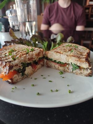 Cheese, basil and tomato toastie at Alchemy Vegan in Chiang Mai
