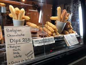 Front of shop. Churros in warmer at Alchemy Vegan in Chiang Mai