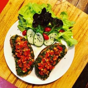 Pumpkin seed pesto bruschetta with cilantro  at Alchemy Vegan in Chiang Mai