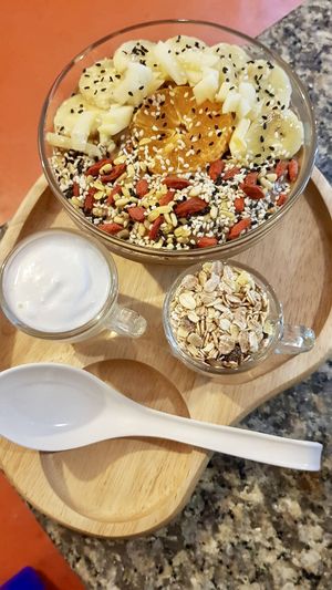 Smooth bowl with side of muesli and coconut yoghurt  at Alchemy Vegan in Chiang Mai