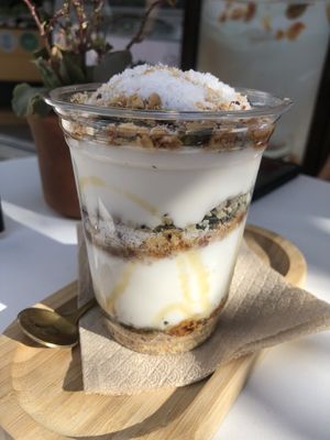 Vegan yogurt with nuts, coconut and agave syrup  at Fresh Yogurt & More in Kos