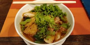 Not-meat spicy yellow noodle soup at Yes Vegan in Pattaya