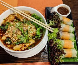 Spicy noodles & Salad Rolls. at Yes Vegan in Pattaya
