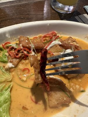 Pork with coconut peanut curry (+ bonus chili)  at Yes Vegan in Pattaya