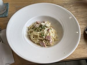 Sautéed spaghetti carbonara, 165 baht  at Yes Vegan in Pattaya