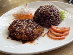 Deep fried vegan pork with Japanese sauce, 125 baht  at Yes Vegan in Pattaya