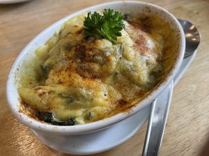 Baked spinach with vegan cheese, 125 baht  at Yes Vegan in Pattaya