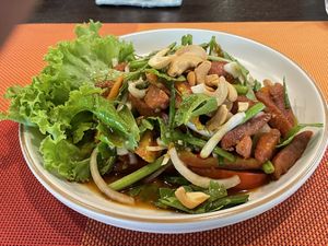 Spicy vegan sausage salad with wasabi, 125 baht  at Yes Vegan in Pattaya